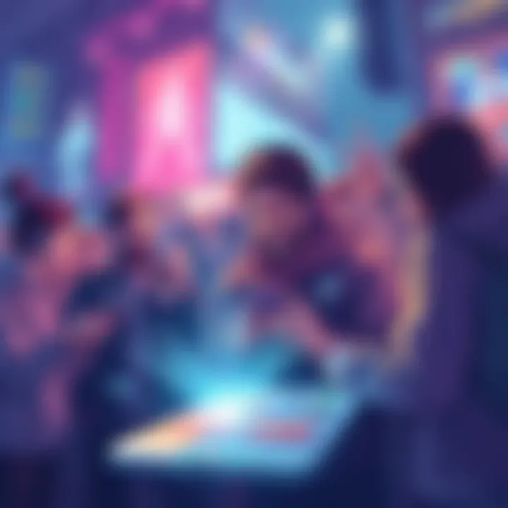 New Features Update Illustration A vibrant graphic showcasing new app features with excited users interacting with a smartphone.