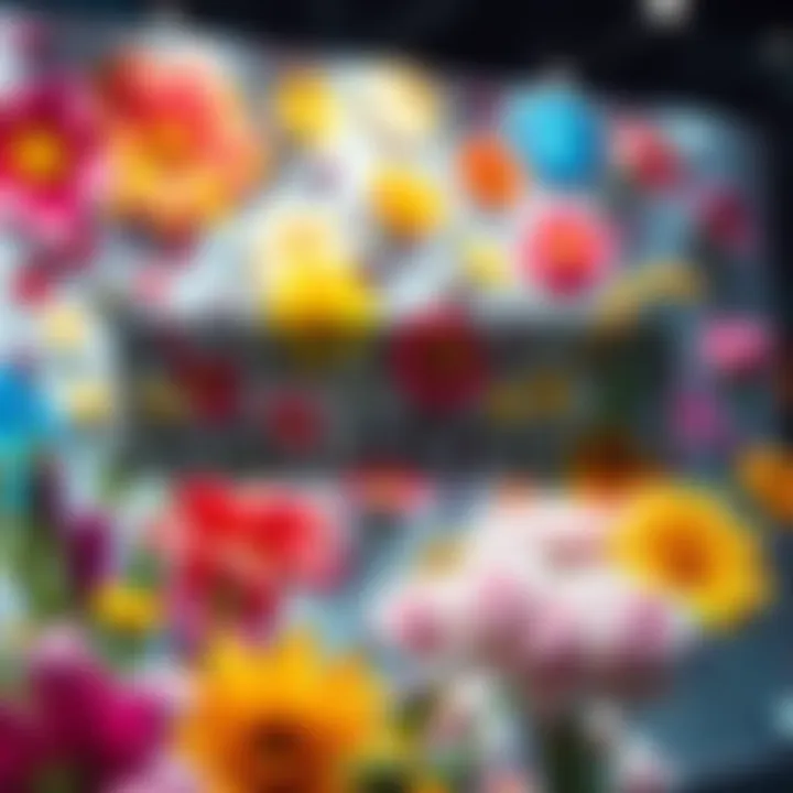 A vibrant showcase of contemporary art featuring colorful floral designs from the Flower Knows Collection.