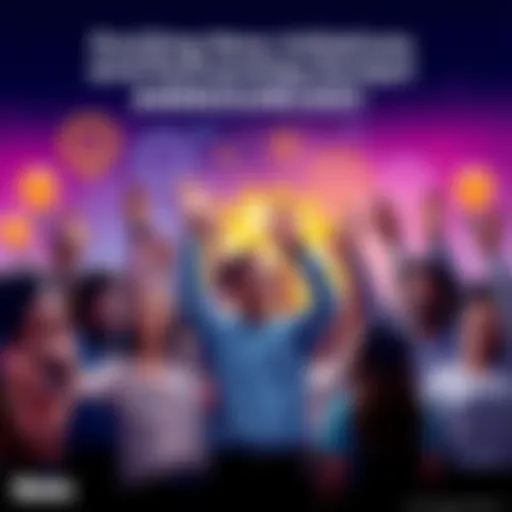 A group of diverse people celebrating new partnerships with hands raised and smiling, surrounded by symbols of collaboration like gears and light bulbs.