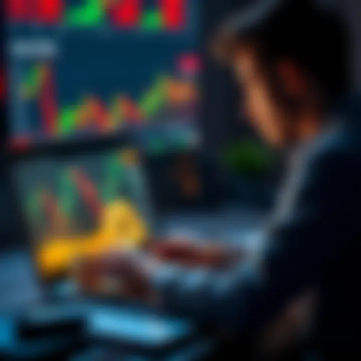 A beginner investor reviewing Bitcoin prices on a laptop with financial charts and cryptocurrency symbols alongside popular platforms like Strike and Kraken Pro.