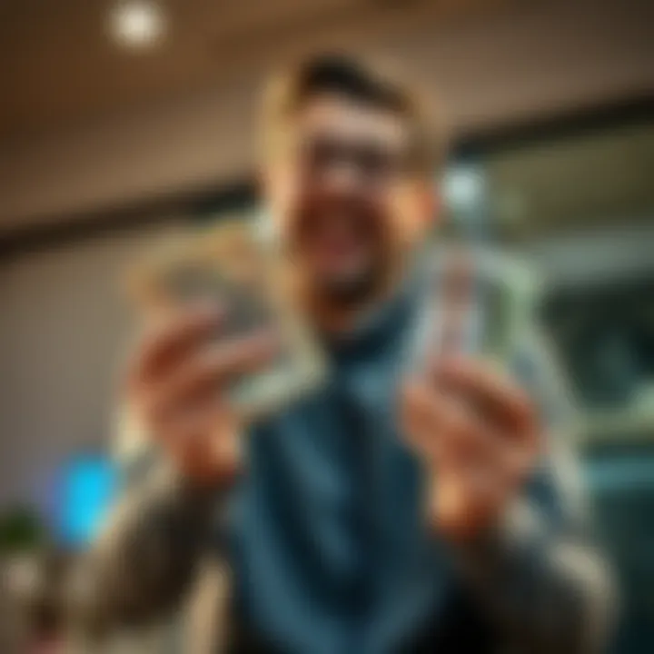 A first-time investor excitedly counts his $1200 cash after receiving his security deposit back, showing enthusiasm for his investment journey.