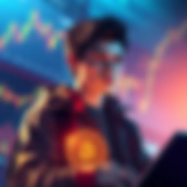 Visual representation of a novice investing in cryptocurrencies, featuring logos of utility coins like XRP, HBAR, and XLM, with a backdrop of fluctuating market graphs.