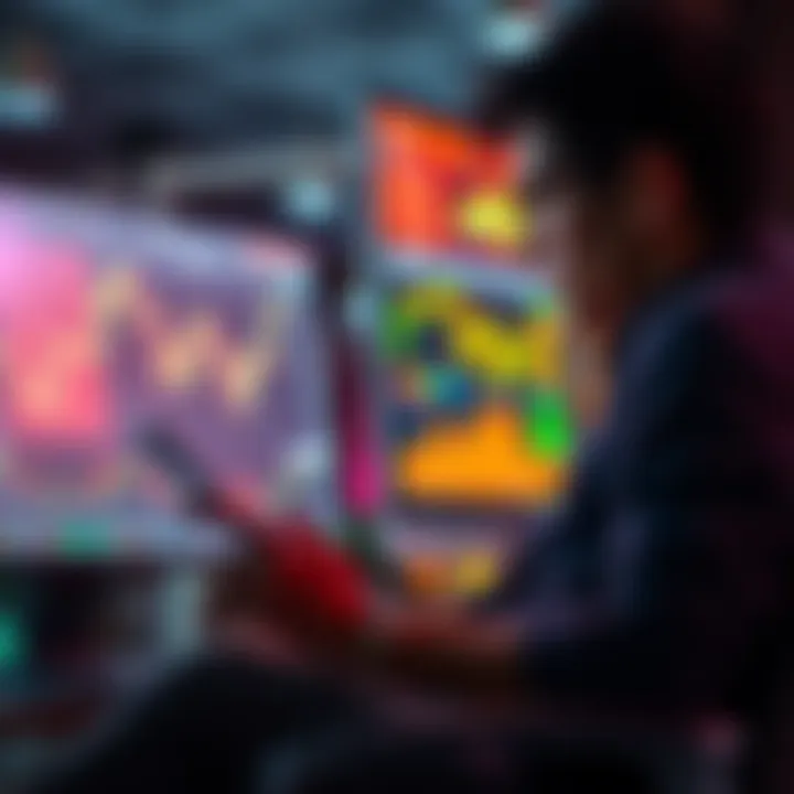 A new investor looks at stock charts on a computer screen while considering their first trades.