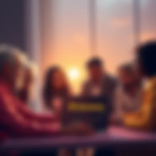 A group of diverse people discussing trading strategies with Binance on a laptop