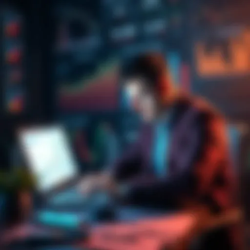 New Investor Learning A new investor studying investment strategies with a laptop, surrounded by financial charts and graphs, symbolizing the start of their investing journey.
