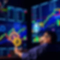 A graphic showing a person analyzing cryptocurrency trends, with Bitcoin and Ethereum logos in the background and investment charts.