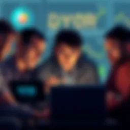 A group of confused beginners looking at cryptocurrency charts and discussions on a laptop, highlighting the challenges they face when following vague advice
