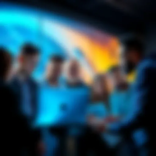 A group of new investors gathered around a laptop, discussing strategies for buying and holding cryptocurrency.