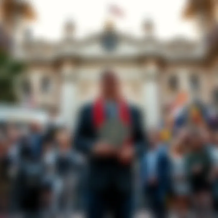 The newly elected mayor of Valencia standing in front of the town hall, holding a city insignia, with a crowd of supporters in the background.