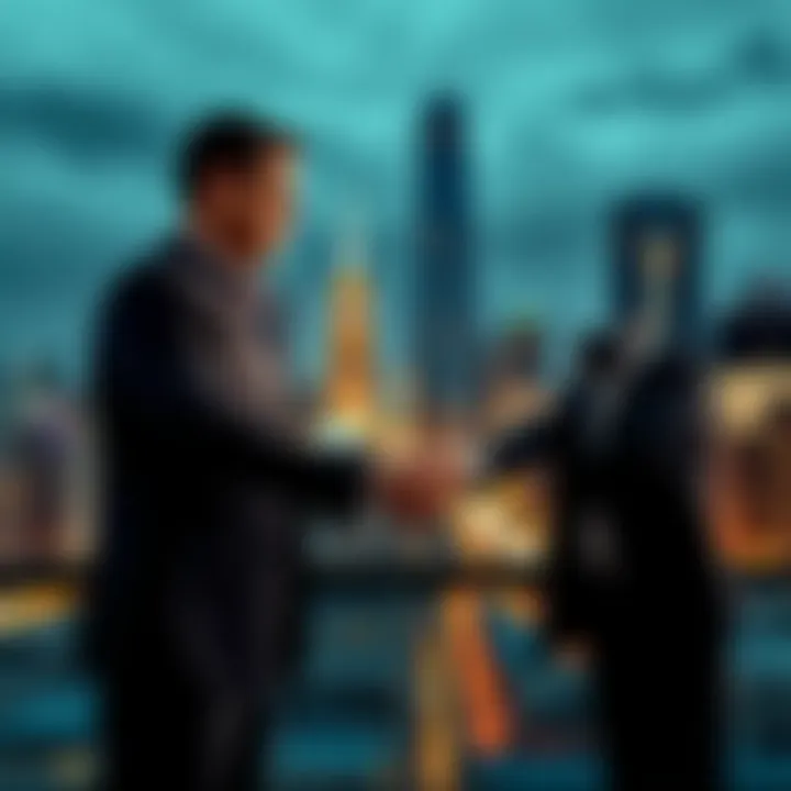 Two business people shaking hands in front of a city backdrop to signify a new partnership