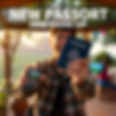 A person holding a newly issued passport with excitement, celebrating their game achievement in a cozy outdoor setting, showing a hint of gameplay on a handheld device.