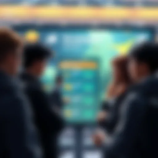 A group of new players discussing game strategies while looking at a screen showing game options for parcels and passports.