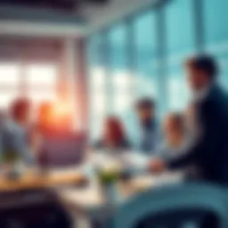 A group of new traders discussing investment strategies in a bright office, showing a focus on steady growth and financial health.