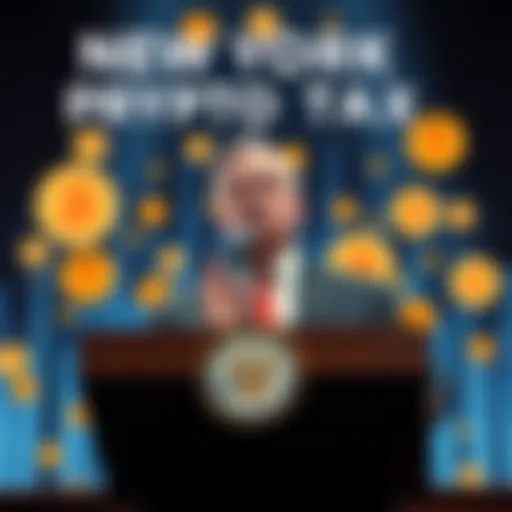 A New York lawmaker speaking at a podium about a proposed tax on cryptocurrency sales, with digital currency icons in the background.