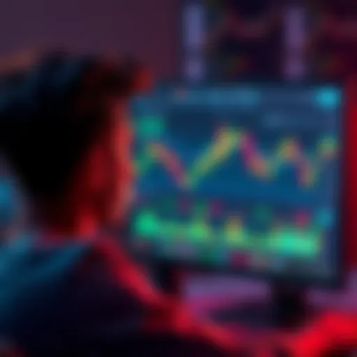 A person looking at a computer screen displaying cryptocurrency charts and coins, asking for trading advice on forums.