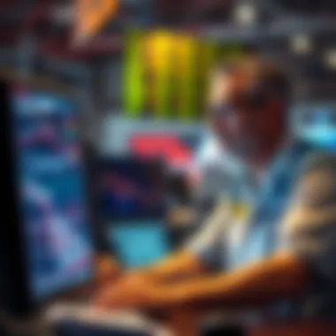 A newcomer and a seasoned trader comparing strategies on a computer screen during a market downturn