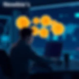 A person sitting at a laptop looking at Bitcoin forums, with thought bubbles showing questions about cryptocurrency.