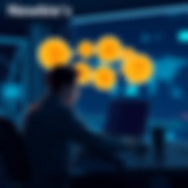 A person sitting at a laptop looking at Bitcoin forums, with thought bubbles showing questions about cryptocurrency.