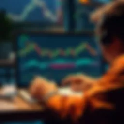Newbie Crypto Trader Analyzing Chart A beginner looking at a crypto trading chart on a laptop screen, taking notes and learning about market trends.