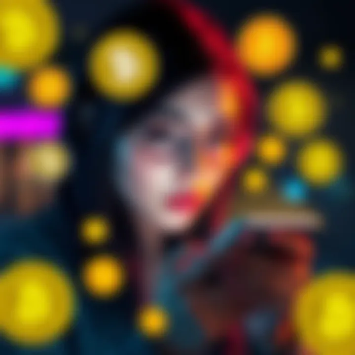 A woman looking at her phone with confused expressions, surrounded by cryptocurrency symbols, representing her journey in the crypto community.