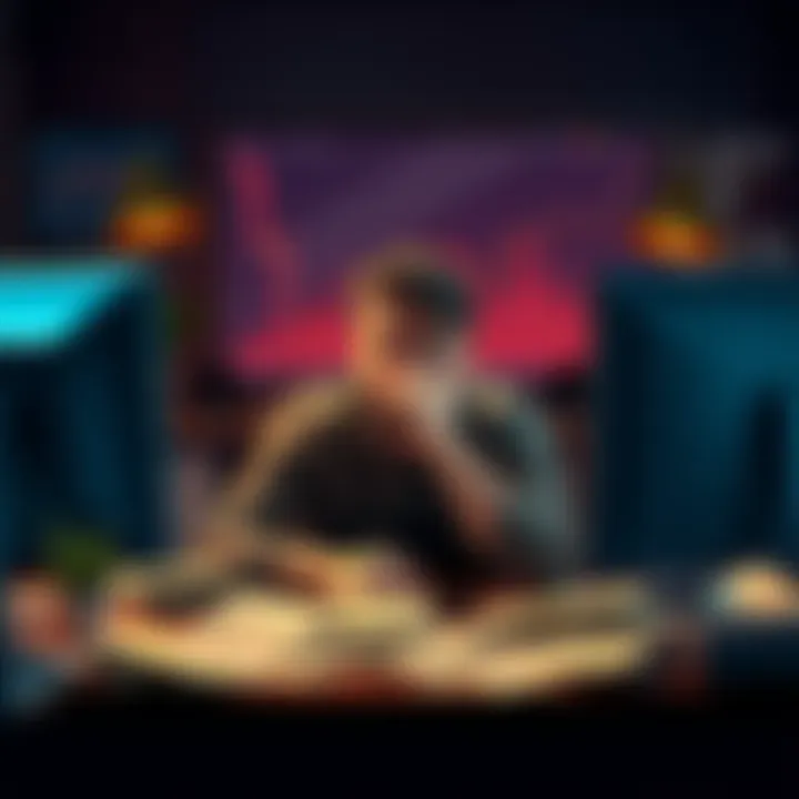 Newbie Investor Looking Concerned A worried investor sitting at a desk surrounded by bills and a computer showing a declining cryptocurrency graph, reflecting their financial stress after investing in Buttcoin.