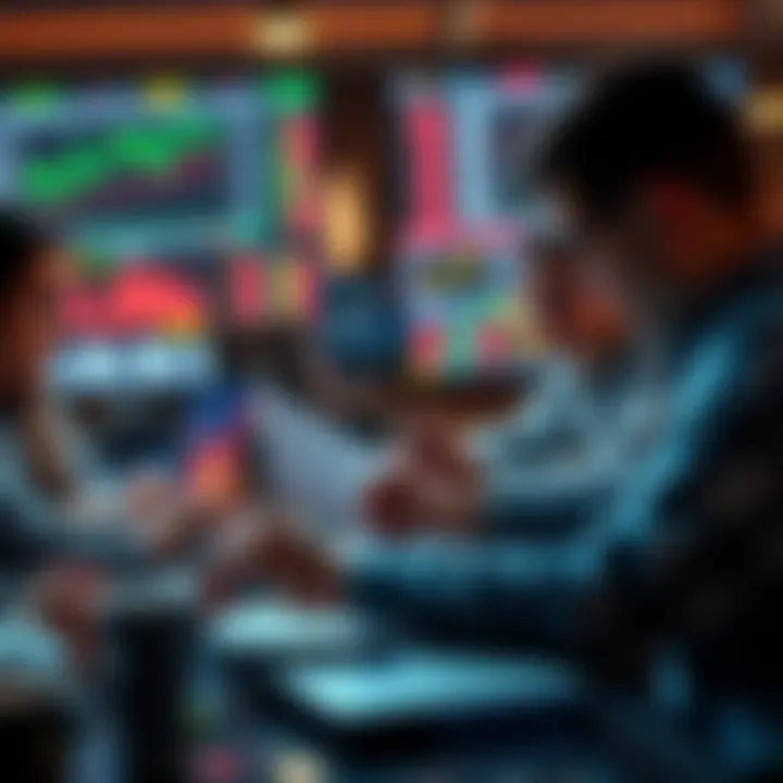 A group of beginner traders reviewing charts and discussing stock market trends at a table with laptops and notes.