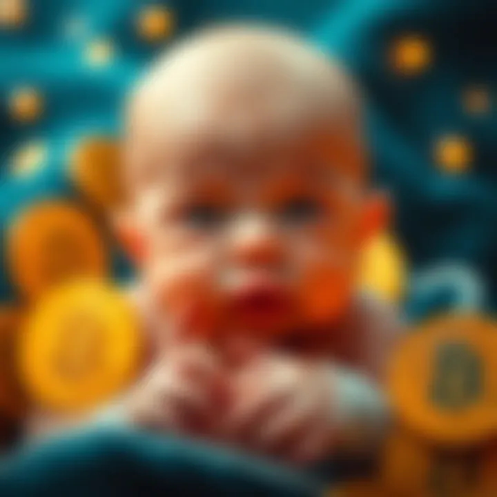 A newborn baby surrounded by Bitcoin symbols, looking surprised as if just making a purchase.