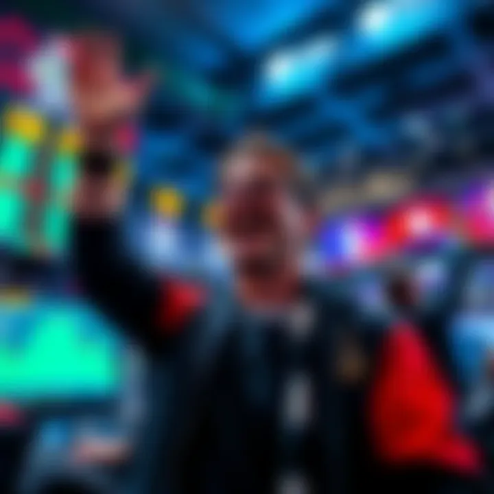 A Newcastle United fan excitedly participating in a trading competition with a $1M prize pool, surrounded by banners and trading screens.