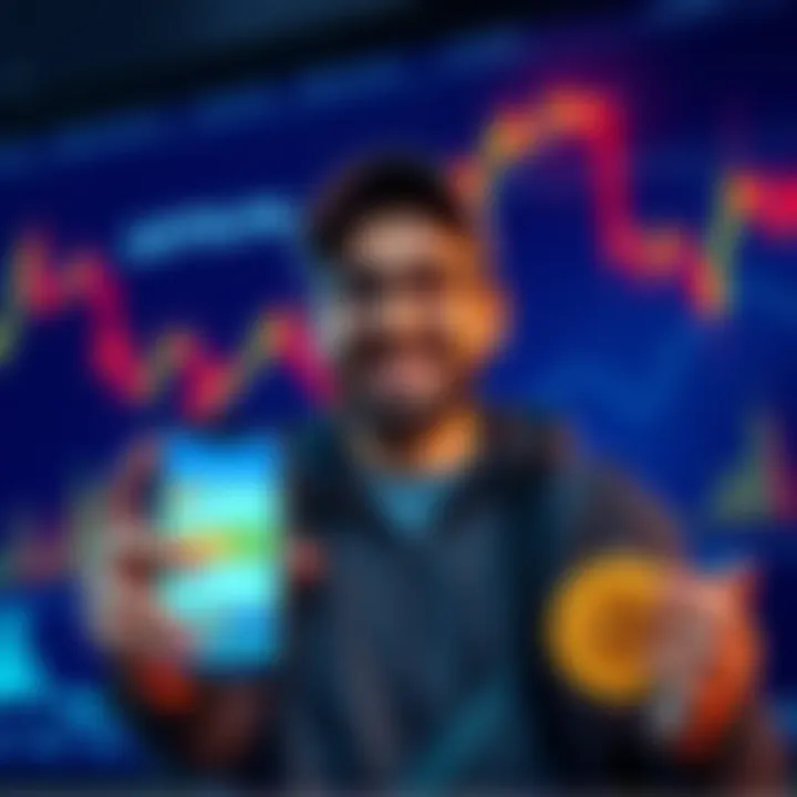 Newcomer Buys Bitcoin A cryptocurrency enthusiast happily holding a phone showing a Bitcoin purchase confirmation, with a chart showing a price drop in the background