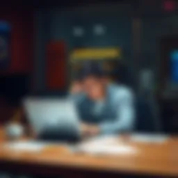 A person sits at a desk, looking at a laptop with notes around them, appearing thoughtful and seeking advice.