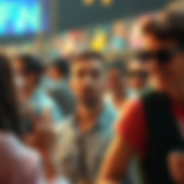 A humorous depiction of a newcomer at a social gathering, looking bemused amidst a lively group of locals.