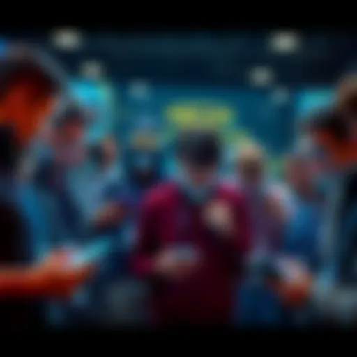 A group of 19 people gathered looking at digital currencies on their devices, seeking advice from experienced investors.