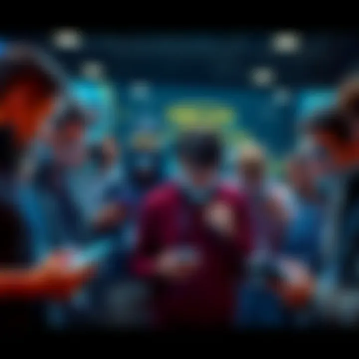 A group of 19 people gathered looking at digital currencies on their devices, seeking advice from experienced investors.
