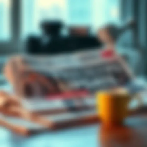 A newspaper with a breaking news headline and a coffee cup on a desk