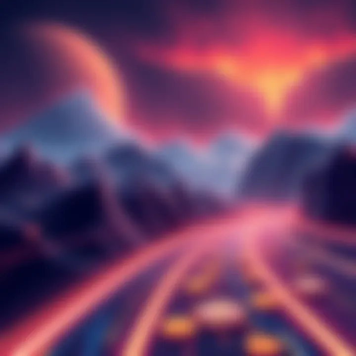 Illustration showing fast transaction confirmation on the Nexa blockchain, depicting a digital landscape with speed lines and coins representing proof-of-work cryptocurrency.