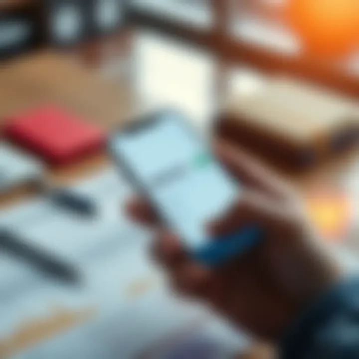 A person holding a smartphone displaying a NEXO app while looking at tax documents on a table, symbolizing the concept of using a loan for tax payments.