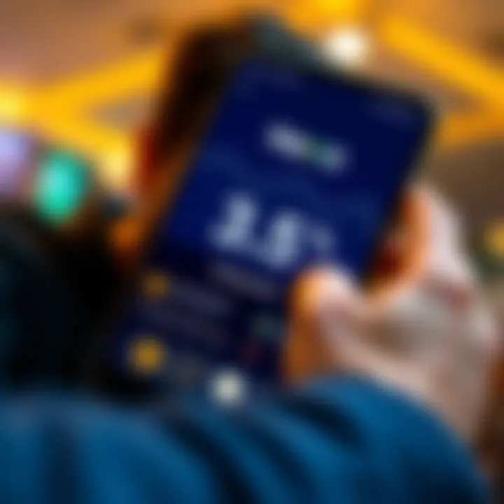 A close-up of a smartphone screen displaying a low saving rate for Bitcoin on the Nexo app, with a concerned user in the background