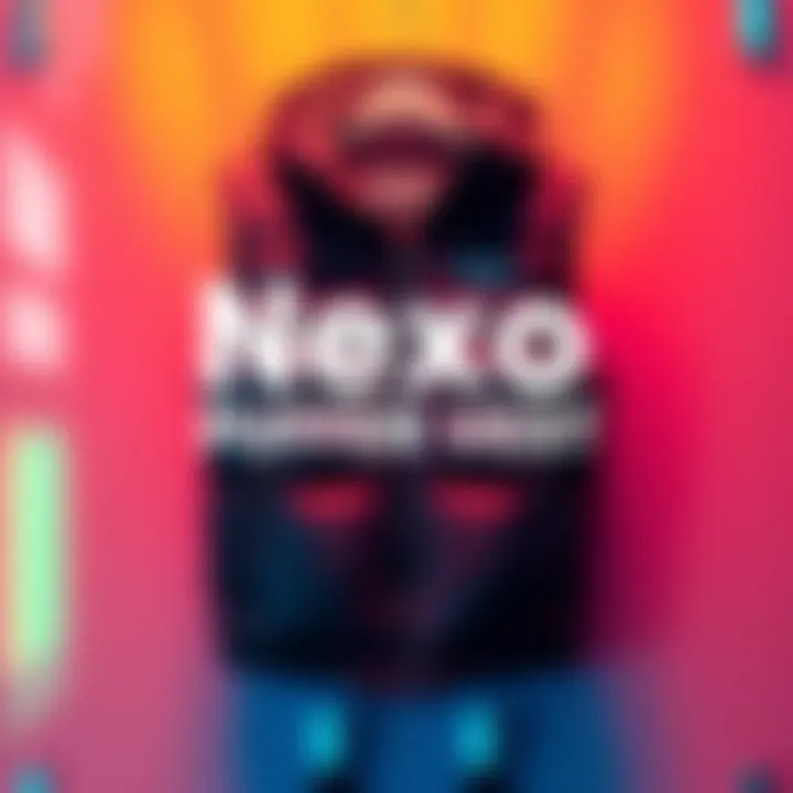 A stylish Nexo puffer vest displayed against a colorful background, promoting a giveaway. The vest is shown in a trendy design, suitable for outdoor wear.