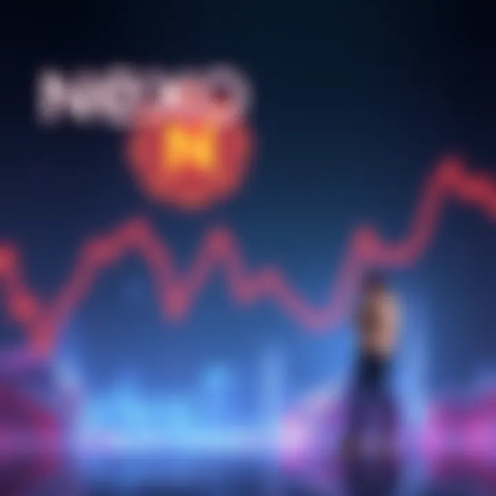 Nexo Token with a downward trend A visual representation of Nexo Token showing a decline in value over time, with a line graph and a worried investor looking at the data, symbolizing loss of faith.