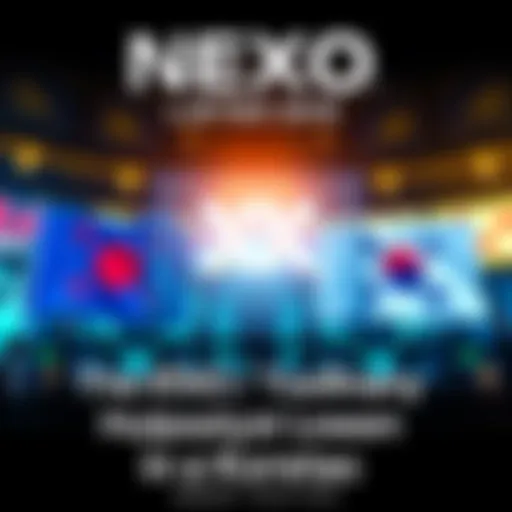 NEXO Token Listed in Korea The NEXO Token logo displayed on a digital screen with the flags of Upbit and Bithumb in the background, symbolizing its launch in Korea.