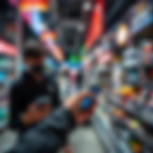 A person tapping their smartphone at a store checkout using the Nexo virtual card with NFC technology.