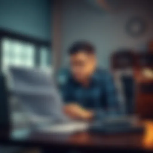 A person sitting at a desk, looking at financial documents with a worried expression, symbolizing responsibility for a deceased parent's loan.