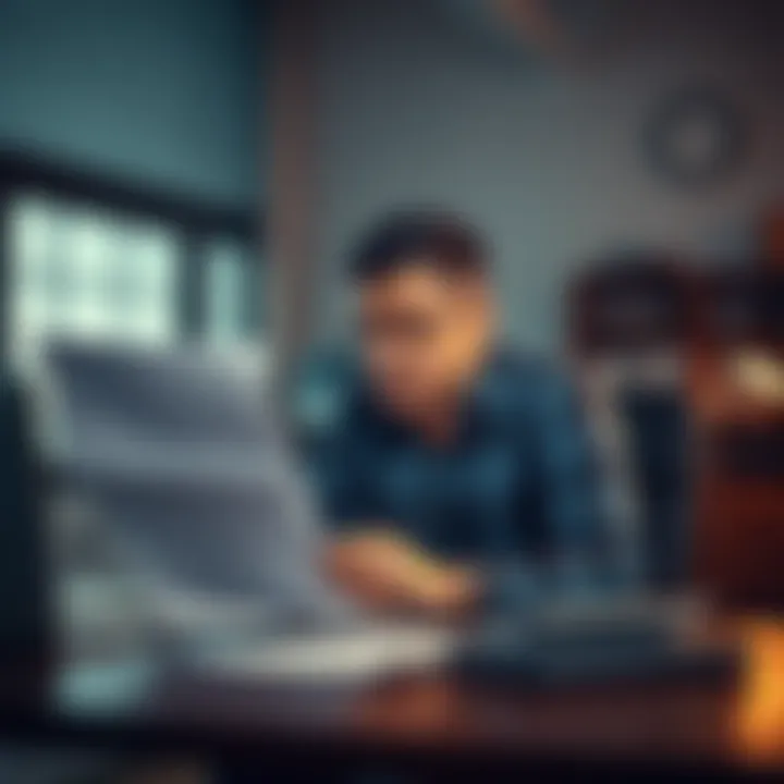 A person sitting at a desk, looking at financial documents with a worried expression, symbolizing responsibility for a deceased parent's loan.