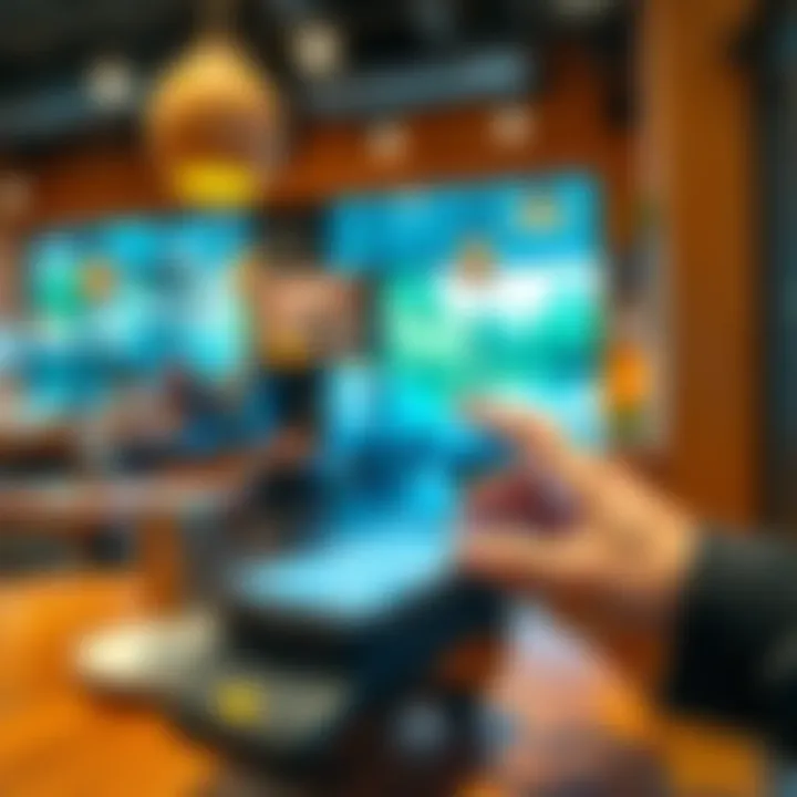 Person tapping a smartphone on a payment terminal at a coffee shop, illustrating NFC technology for payments.