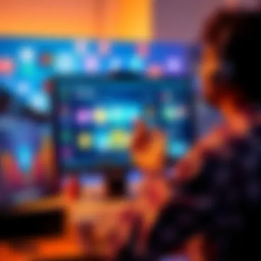 A digital artist showcasing unique NFTs on a computer screen with social media icons in the background