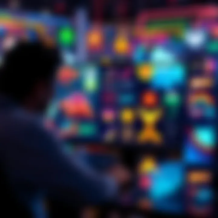 A virtual display showcasing colorful digital art pieces representing NFTs, with a person viewing them on a computer screen.