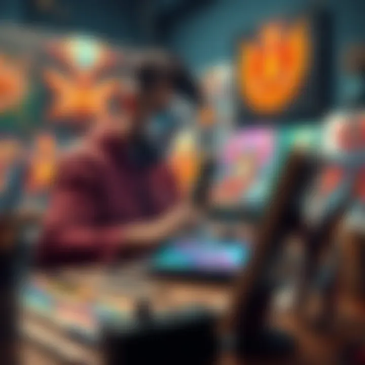 An artist creates NFT art using a graphic tablet, surrounded by colorful digital artworks.