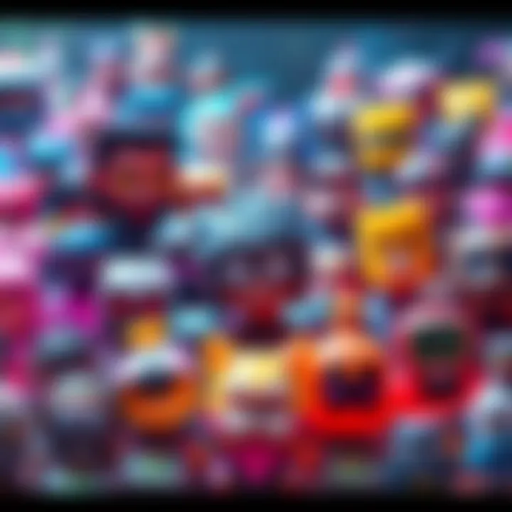 A vibrant display of various NFT avatars representing digital characters, showcasing their unique designs and colors, set against a backdrop of digital art.