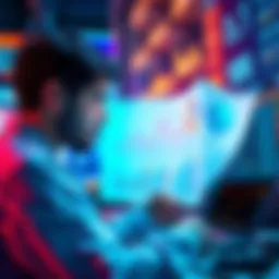 A person analyzing cost charts related to developing an NFT marketplace, surrounded by digital art visuals.