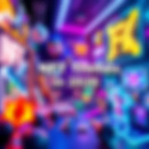 A vibrant digital artwork showing various NFT artworks and collectibles representing trends in 2026.